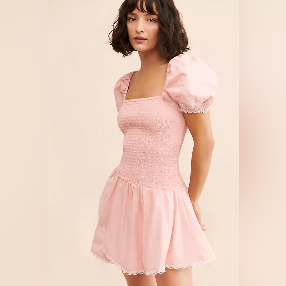 LoveShackFancy x Anthropologie Pink Smocked Puff Sleeve Asa Mini Dress sz XL